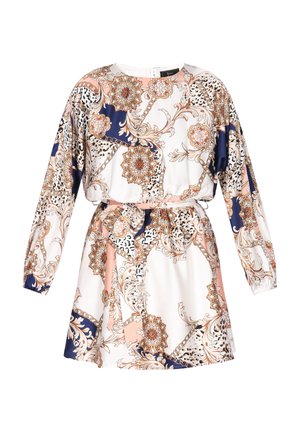 Lühikeste varrukatega, mähisega kleit kergest kangast, millel on lilleline ja abstraktne muster tumesinisel, peegel- ja valgel taustal, rõhutatud vöökoht.