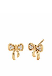 Złote kolczyki w kształcie kokard, ozdobione przezroczystymi akcentami gemów w centrum oraz opadającymi pętlami, o polerowanej powierzchni i z zapięciem sztyftowym.