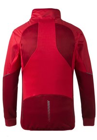 Röd sportjacka med högt krage, långa ärmar och kontrasterande texturer. Har reflekterande detaljer och en figurnära design.