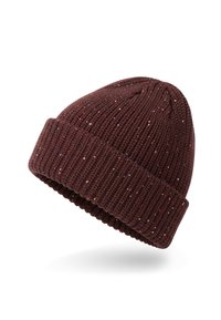 Gorro de punto en burdeos oscuro con textura acanalada y motas multicolores en toda su superficie. Presenta un dobladillo vuelto para mayor calidez.