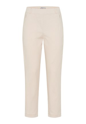 Pantalon beige pour femme, longueur cheville, avec un motif texturé subtil, poches avant zippées, coupe droite.