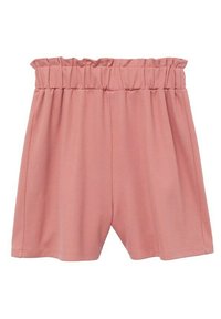 Shorts roses avec une taille élastique, dotés d'une texture froncée en haut, en tissu lisse, et d'une coupe décontractée et ample.