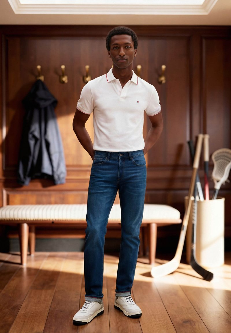 Mand iført hvid polo, blå jeans og hvide sneakers står i et rum med trægulv, frakkestativ, bænk og hockeyudstyr.
