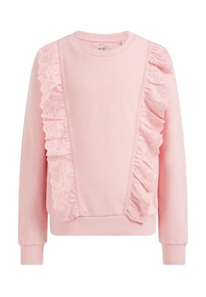 Lichtroze sweatshirt met gerimpelde kanten details langs de zijkanten. Heeft een ronde halslijn en lange mouwen met geribde boorden.