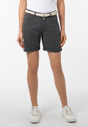 Charcoal gray cotton shorts with rolled cuffs, front pockets, and a braided cream belt. Styled with white sneakers.