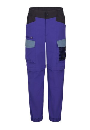 Lila-schwarze Arbeitshosen mit elastischem Bund und Bündchen, mit mehreren Taschen, darunter blaue Klappen- und Netzseitentaschen.
