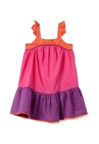 Buntes Kleid mit orangen Trägern, geschichtetem Rüschendesign in Pink und Lila und dekorativem Saum.