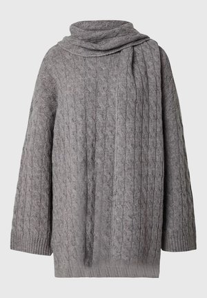 Gray knitted sweater with a cowl neck, featuring a cable-knit pattern, wide sleeves, and a loose fit. Soft texture and ribbed hem.