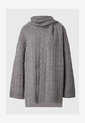 Gray knitted sweater with a cowl neck, featuring a cable-knit pattern, wide sleeves, and a loose fit. Soft texture and ribbed hem.