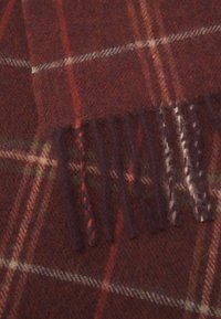 Écharpe en laine avec une base bordeaux et un motif à carreaux en crème et vert. Les franges aux bords de différentes couleurs ajoutent de la texture.