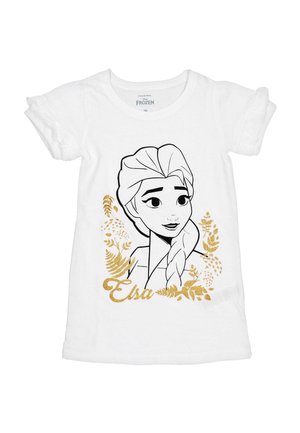 Weißes Baumwoll-T-Shirt mit einer schwarzen Umrissillustration eines Charakters mit langen geflochtenen Haaren, akzentuiert mit goldenen Blumendetails und dem Namen "Elsa."