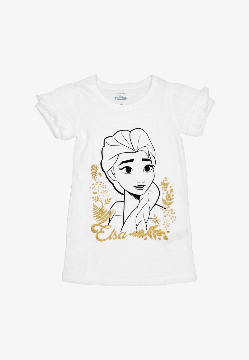 Witte katoenen T-shirt met een zwart omkadering illustratie van een personage met lange gevlochten haren,accentuated met gouden fleurige details en de naam "Elsa."