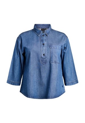 Jeanshemd mit einem Kragen, Dreiviertelärmeln, einer vorderen Tasche und einer Knopfleiste. Verblasste blaue Farbe mit weicher Textur.