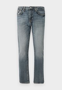 Blå denimjeans med rett ben-design, som har et klassisk fem-lommeoppsett og en falmet vask for et slitt utseende.