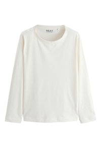 T-shirt blanc à manches longues avec col rond, design simple, tissu doux, présenté à plat sans motifs ni ornements.