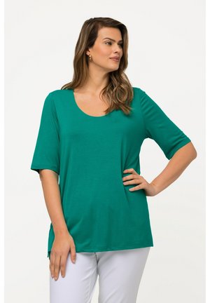 Teal kort mouwen top, met een ronde halslijn, zachte stof, een ontspannen pasvorm en zijsplitten voor gemakkelijke beweging.