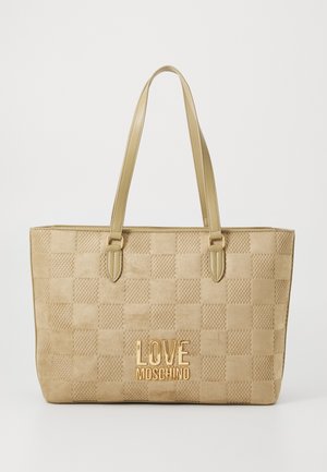 Tan tote bag with a checkered texture, featuring gold hardware and "LOVE MOSCHINO" logo. Soft material and dual flat handles.