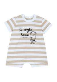 Stribet rompers i beige og hvid bomuld. Har en rund halsudskæring, korte ærmer og et tegneserieprint med tekst på forsiden.