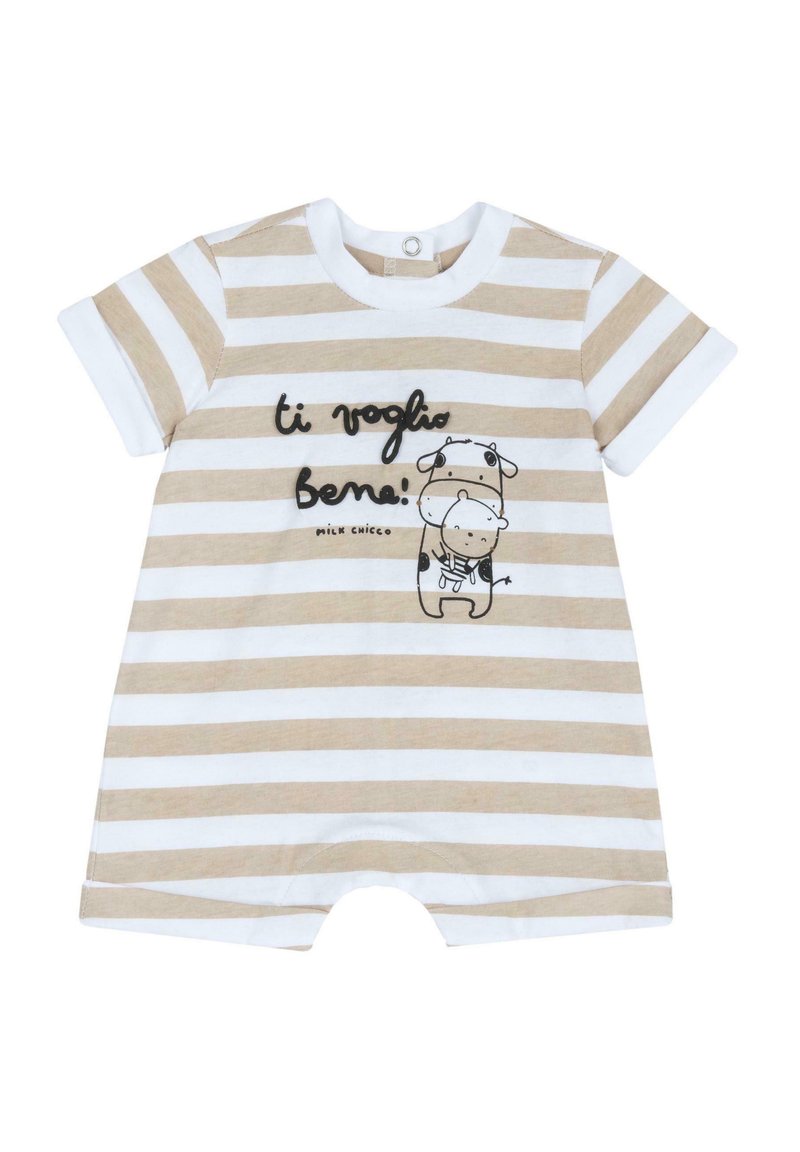 Stribet rompers i beige og hvid bomuld. Har en rund halsudskæring, korte ærmer og et tegneserieprint med tekst på forsiden.