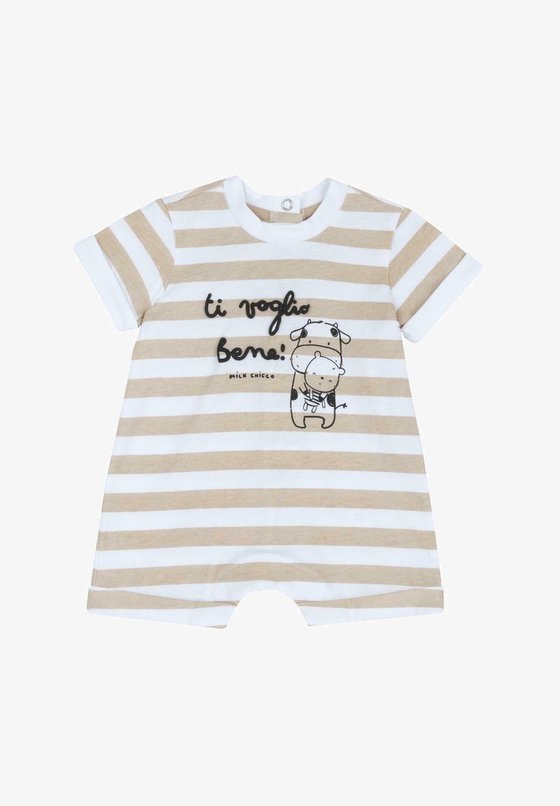 Stribet rompers i beige og hvid bomuld. Har en rund halsudskæring, korte ærmer og et tegneserieprint med tekst på forsiden.