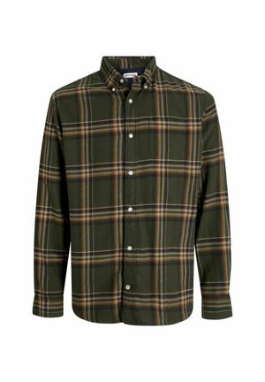 Camisa cuadrillé verde de tela de algodón con cuello abotonado. Presenta botones blancos, un bolsillo en el pecho y rayas en contraste en marrón y negro.