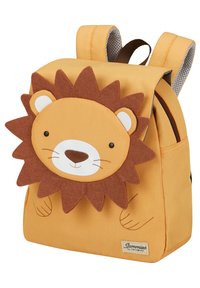 Zaino per bambini in tessuto giallo con un volto di leone 3D, criniera in feltro marrone e dettagli bianchi, progettato con spallacci regolabili e chiusura a zip.