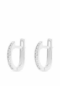 Coppia di piccoli orecchini a cerchio in argento decorati con una fila di pietre preziose trasparenti e scintillanti lungo il bordo anteriore.