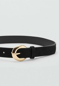Black suede belt with a smooth finish, featuring a gold round buckle. Adjustable with holes along the strap for size variation.