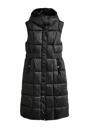 Must must vest, mille kapuutsiga, millel on tikandid, vöö, küljetaskud ja kuldsete metalldetailidega. Kapuutsi sees on kunstkarusnahk.