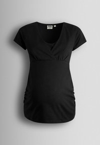 Czarna krótka bluzka ciążowa z dekoltem w serek, marszczona pod biustem i z bocznymi marszczeniami dla dopasowanego kształtu. Wykonana z miękkiego materiału.