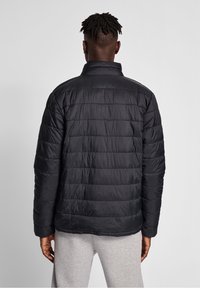 Doudoune noire avec un motif capitonné horizontal, col montant, poignets élastiques et une texture lisse et brillante. Portée par une personne de dos.