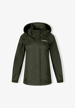 Jachetă verde impermeabilă cu glugă, fermoar pe toată lungimea și manșete elastice. Are logo pe piept, textură ușoară și netedă.