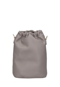 Borsa a sacco in morbida pelle grigia con parte superiore arricciata, dotata di dettagli in metallo dorato e design minimalista.