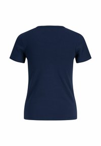 Námořnická modrá bavlněná trička s krátkým rukávem, kulatým výstřihem a hladkou texturou. Bez vzorů nebo viditelných detailů hardware.