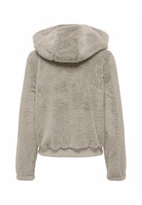 Felpa lunghezza beige chiaro, morbida e pelosa, con cappuccio, orlo e polsini a costine. Texture morbida con un design casual, priva di chiusure visibili.