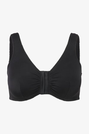 Reggiseno nero con coppe morbide, spalline larghe, chiusura frontale e leggere arricciature al centro per sostegno e comfort.