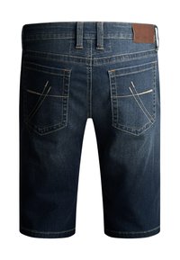 Dark blue denim shorts with double back pockets featuring light stitching and a brown leather brand patch on the waistband.