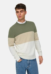 Pull en tricot vert, beige et blanc avec un col rond et des manches longues ; tissu texturé. Porté avec un jean en denim bleu clair.