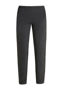 Pantaloni della tuta grigio scuro con vita elastica, gambe affusolate e una superficie liscia. Senza modelli visibili o dettagli metalizzati.