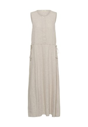 Beezh linane varrukateta maxi-kleit ümara kaelusega, ees nööpide plaketiga ja reguleeritavate küljetikkudega vöökohal.