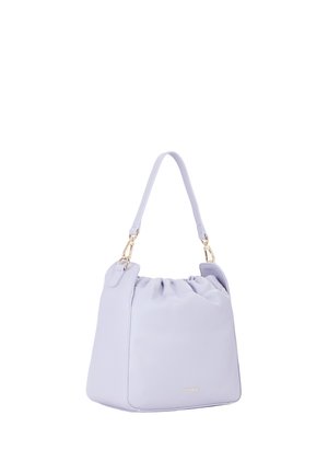 Borsa a secchiello color lavanda morbida con parte superiore arricciata, tracolla singola, ferramenta dorata e piccolo logo dorato "MIRIADE" sul davanti.