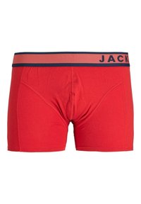 Rode boxershorts met een aansluitend ontwerp, voorzien van een contrasterende tailleband in lichtroze en marineblauw, en zichtbare stikdetails.