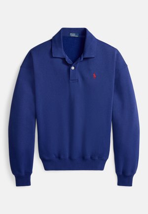 Camisola pólo azul-marinho com gola dobrada, pala com três botões e logótipo bordado a vermelho. Confeccionada em tecido macio e texturado com punhos canelados.