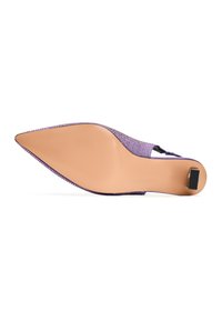 Purple pointed-toe shoe with a textured surface detailed in rhinestones, featuring a beige sole and a black heel accent.