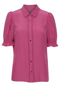 Pink short-sleeve blouse with a collared neck, smocked sleeves, and front button closure featuring decorative stitching and gold-tone buttons.