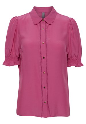 Pink short-sleeve blouse with a collared neck, smocked sleeves, and front button closure featuring decorative stitching and gold-tone buttons.
