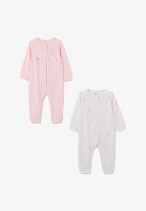 Two baby rompers: one pink with a unicorn graphic, the other white with pastel floral patterns. Both feature long sleeves and snap closures.