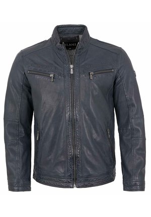 Navy Leder-Motorradjacke mit Stehkragen, Reißverschlussfront und Taschen sowie strukturierten Paneelen an Schultern und Ärmeln.