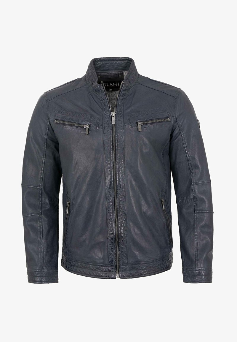 Navy Leder-Motorradjacke mit Stehkragen, Reißverschlussfront und Taschen sowie strukturierten Paneelen an Schultern und Ärmeln.