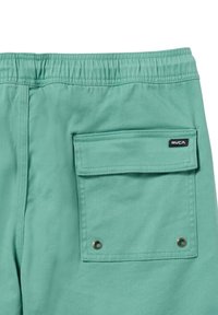 Mintgrønne shorts med elastisk talje, der har en baglomme med klap og et sort RVCA-logo mærke. Glat tekstur.